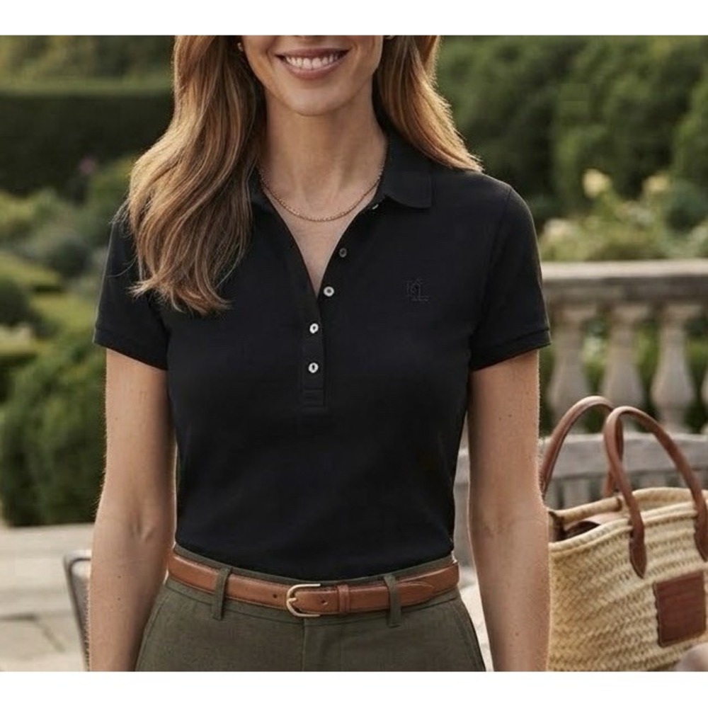 Ralph Lauren Polo Shirt Womens Sz Large Black Short Sleeve Classic Golf Preppy